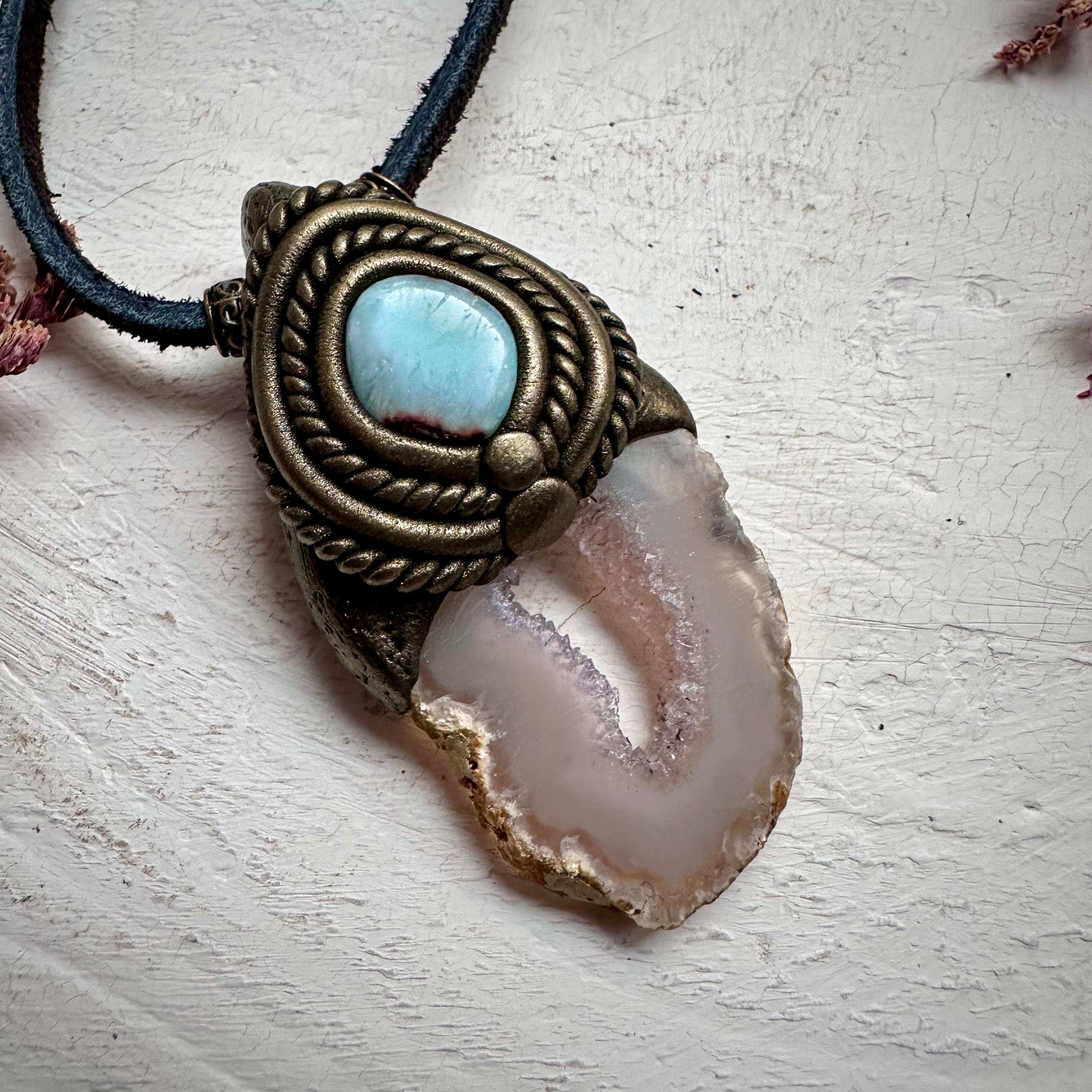 Agate Slice and Larimar Pendant Necklace - FairyGardenGlow