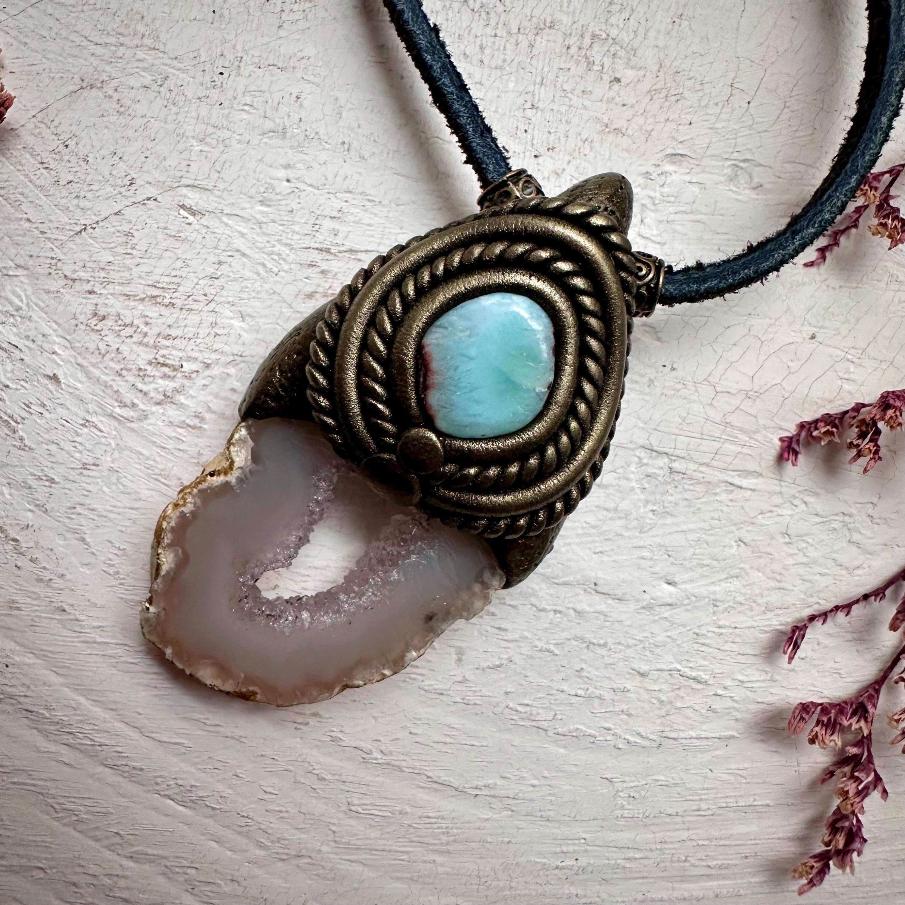 Agate Slice and Larimar Pendant Necklace - FairyGardenGlow
