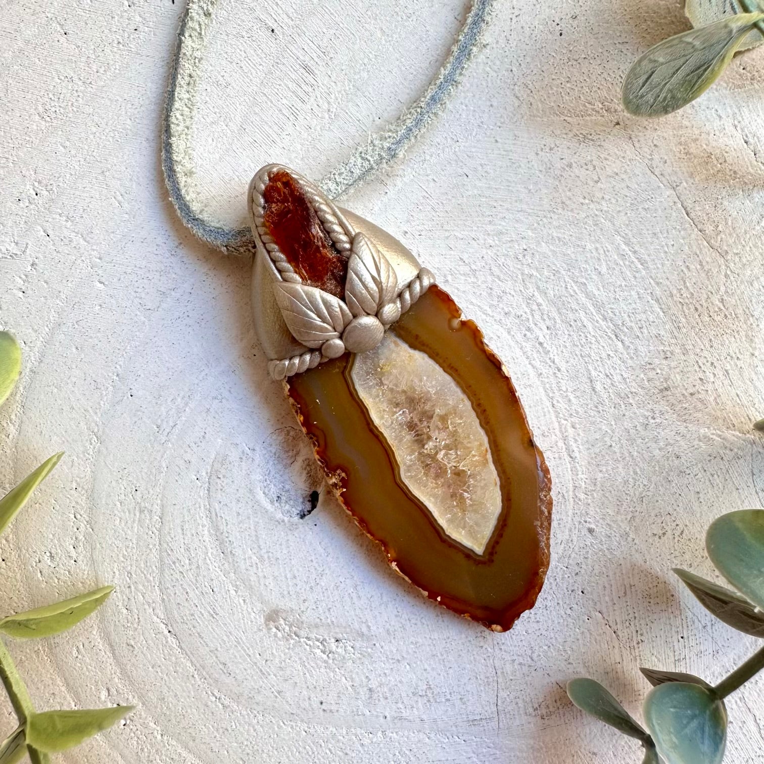 Agate Slice and Orange Kyanite healing gemstone necklace handmade boho jewelry