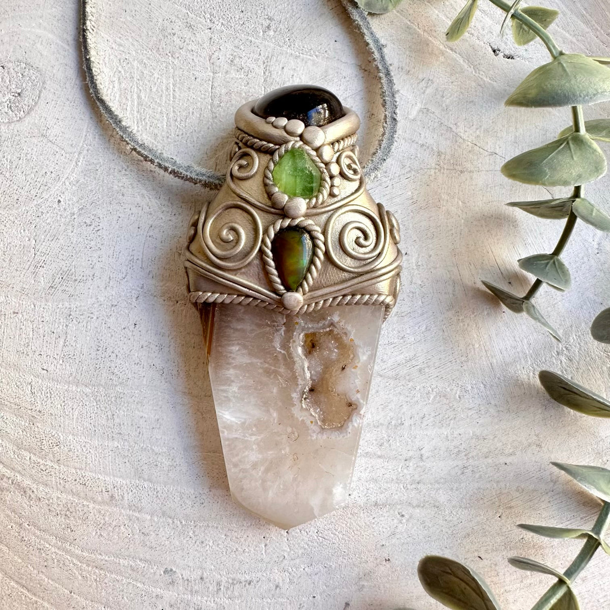 Natural crystal wand jewelry handcrafted with Agate, Smoky Quartz, Peridot and Black Ethiopian Opal.