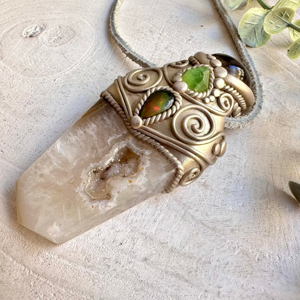 One of a kind crystal wand necklace with an Agate Point, Smoky Quartz, Raw Peridot and Black Ethiopian Opal.