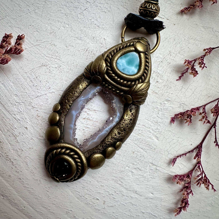 Agate Larimar and Smoky Quartz Pendant - FairyGardenGlow