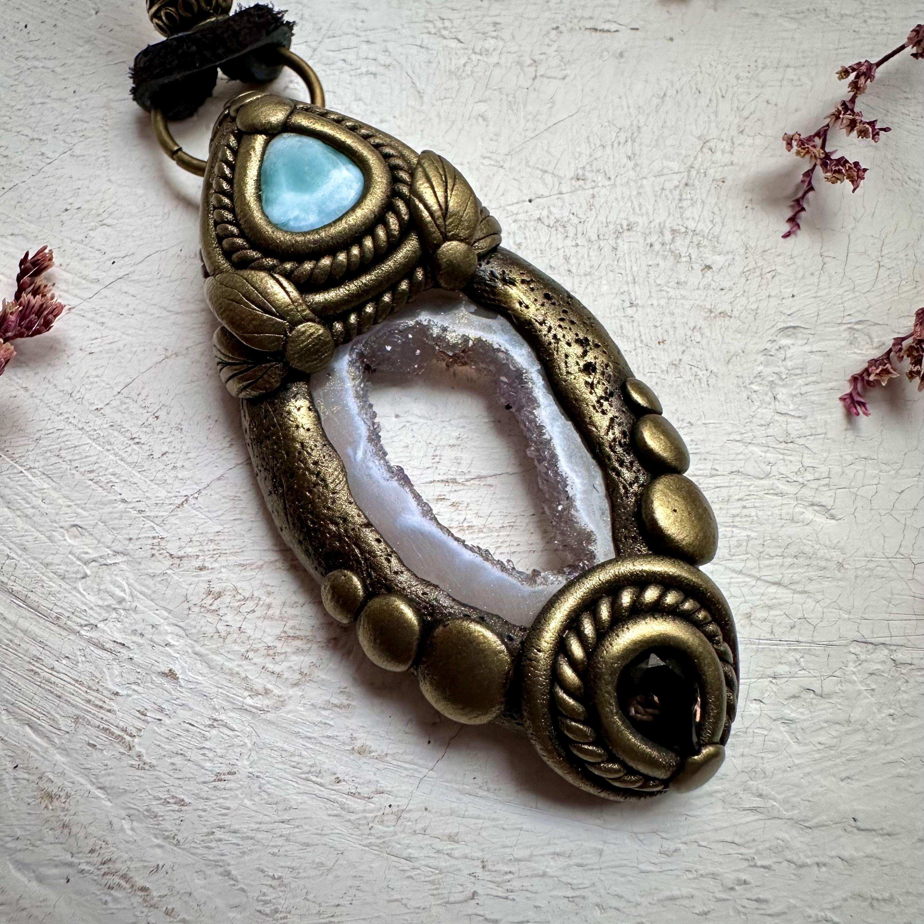 Agate Larimar and Smoky Quartz Pendant - FairyGardenGlow