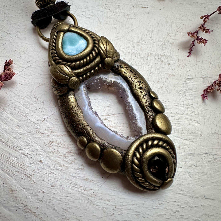 Agate Larimar and Smoky Quartz Pendant - FairyGardenGlow