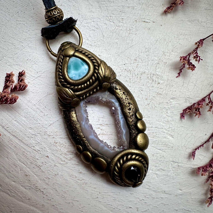 Agate Larimar and Smoky Quartz Pendant - FairyGardenGlow