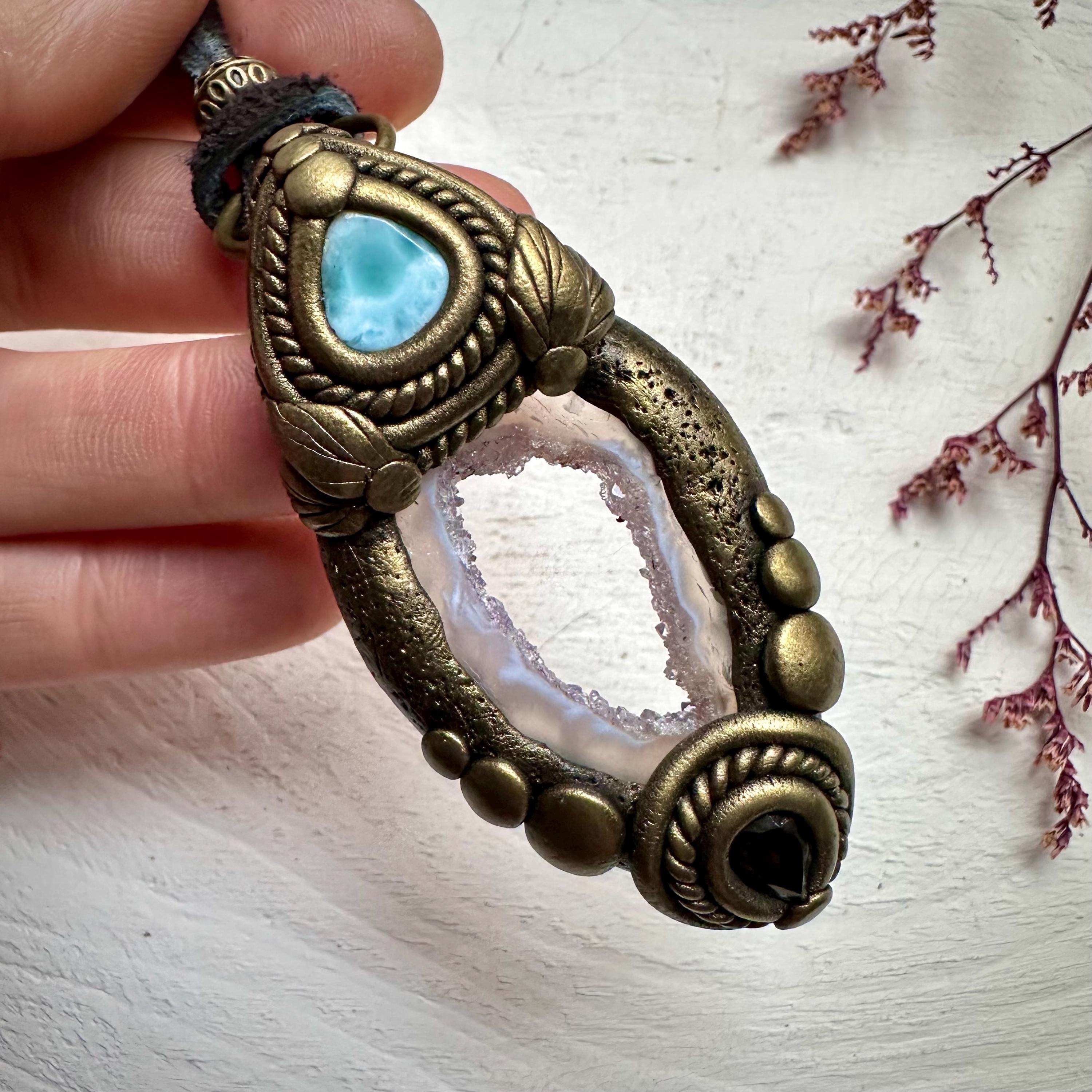 Agate Larimar and Smoky Quartz Pendant - FairyGardenGlow