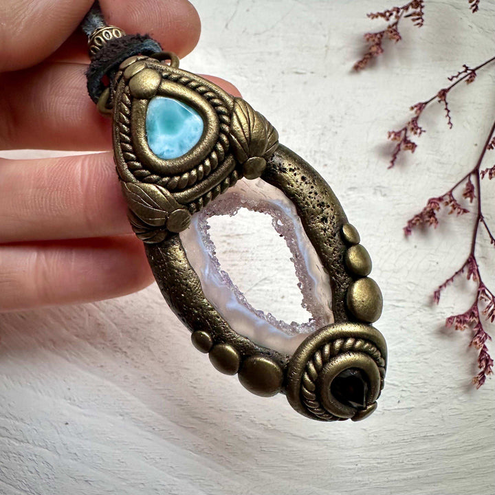 Agate Larimar and Smoky Quartz Pendant - FairyGardenGlow