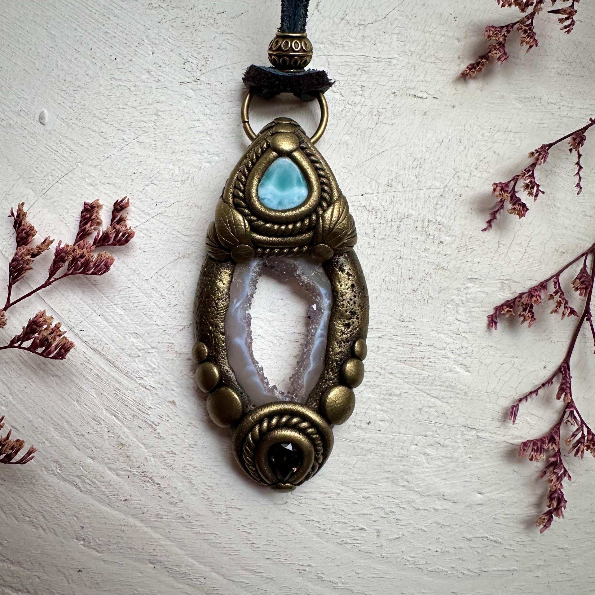 Agate Larimar and Smoky Quartz Pendant - FairyGardenGlow