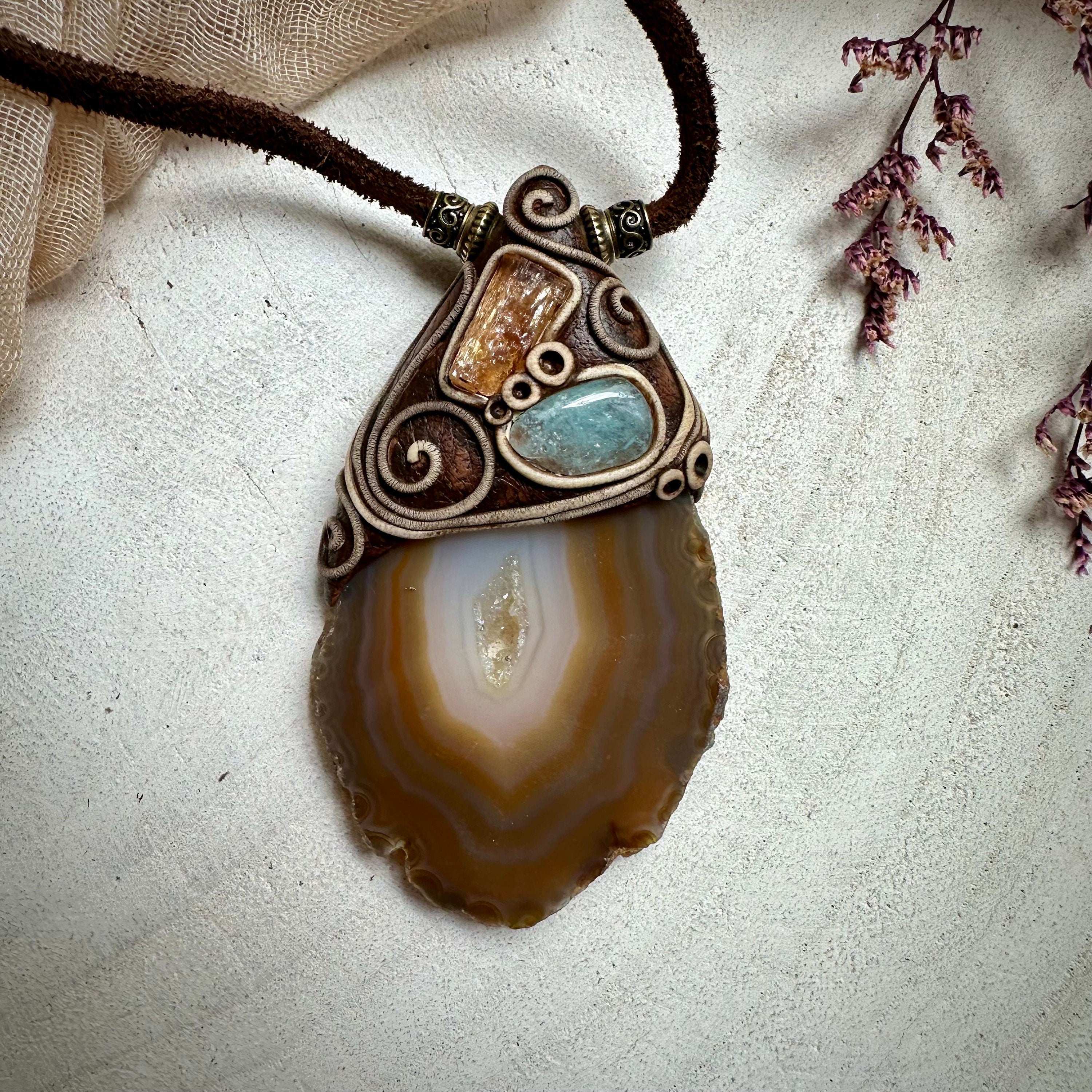 Agate Slice Aquamarine and Imperial Topaz Pendant Necklace - FairyGardenGlow