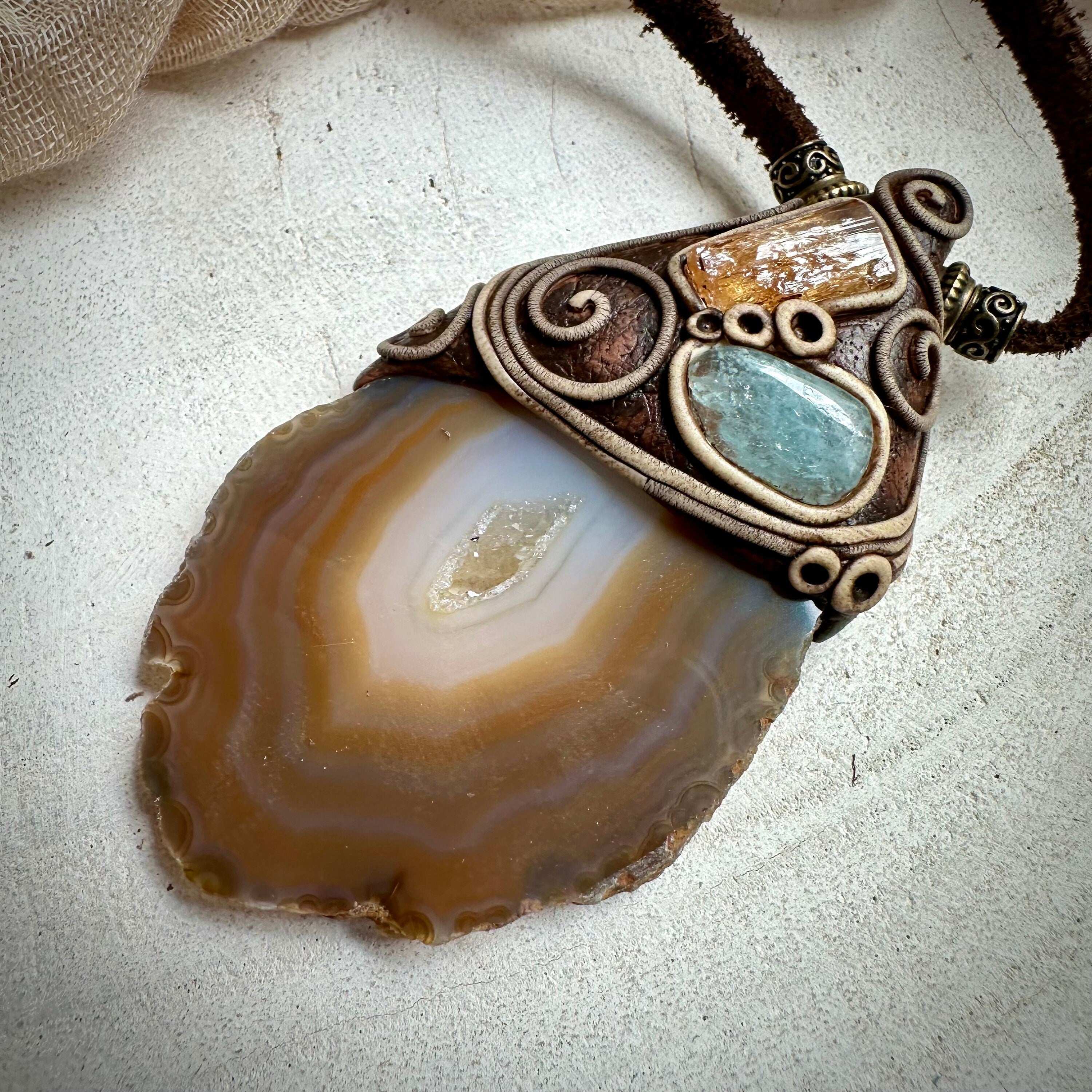 Agate Slice Aquamarine and Imperial Topaz Pendant Necklace - FairyGardenGlow