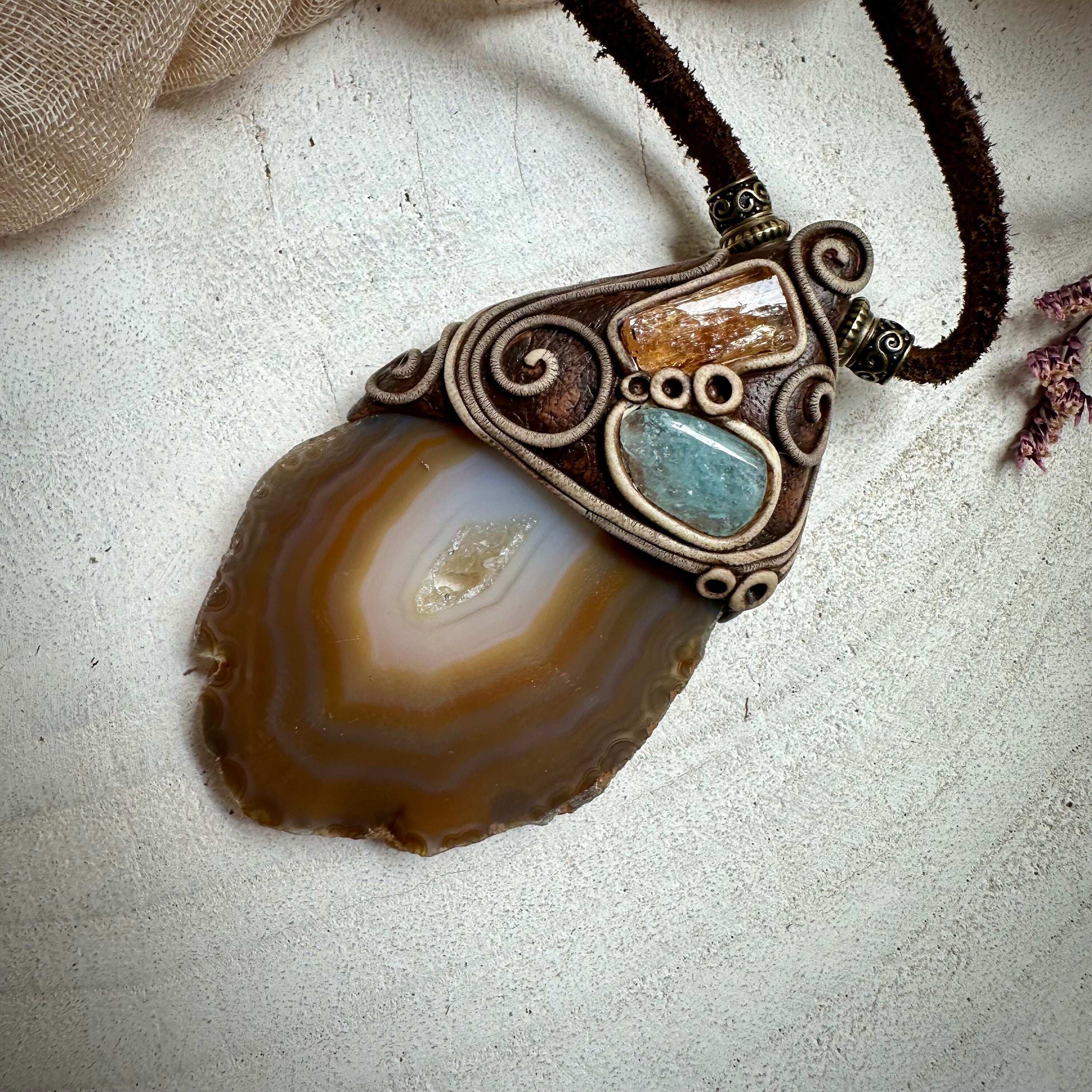 Agate Slice Aquamarine and Imperial Topaz Pendant Necklace - FairyGardenGlow