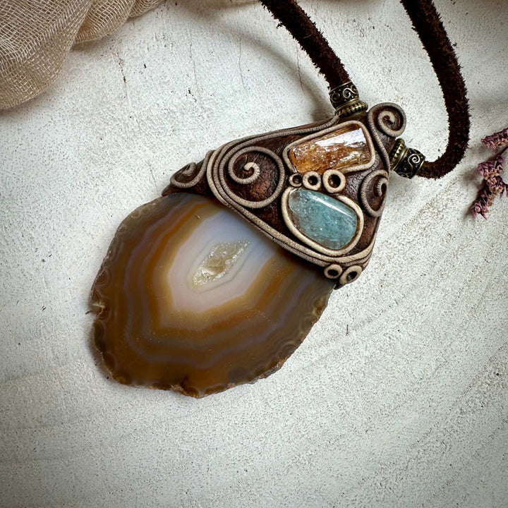Agate Slice Aquamarine and Imperial Topaz Pendant Necklace - FairyGardenGlow