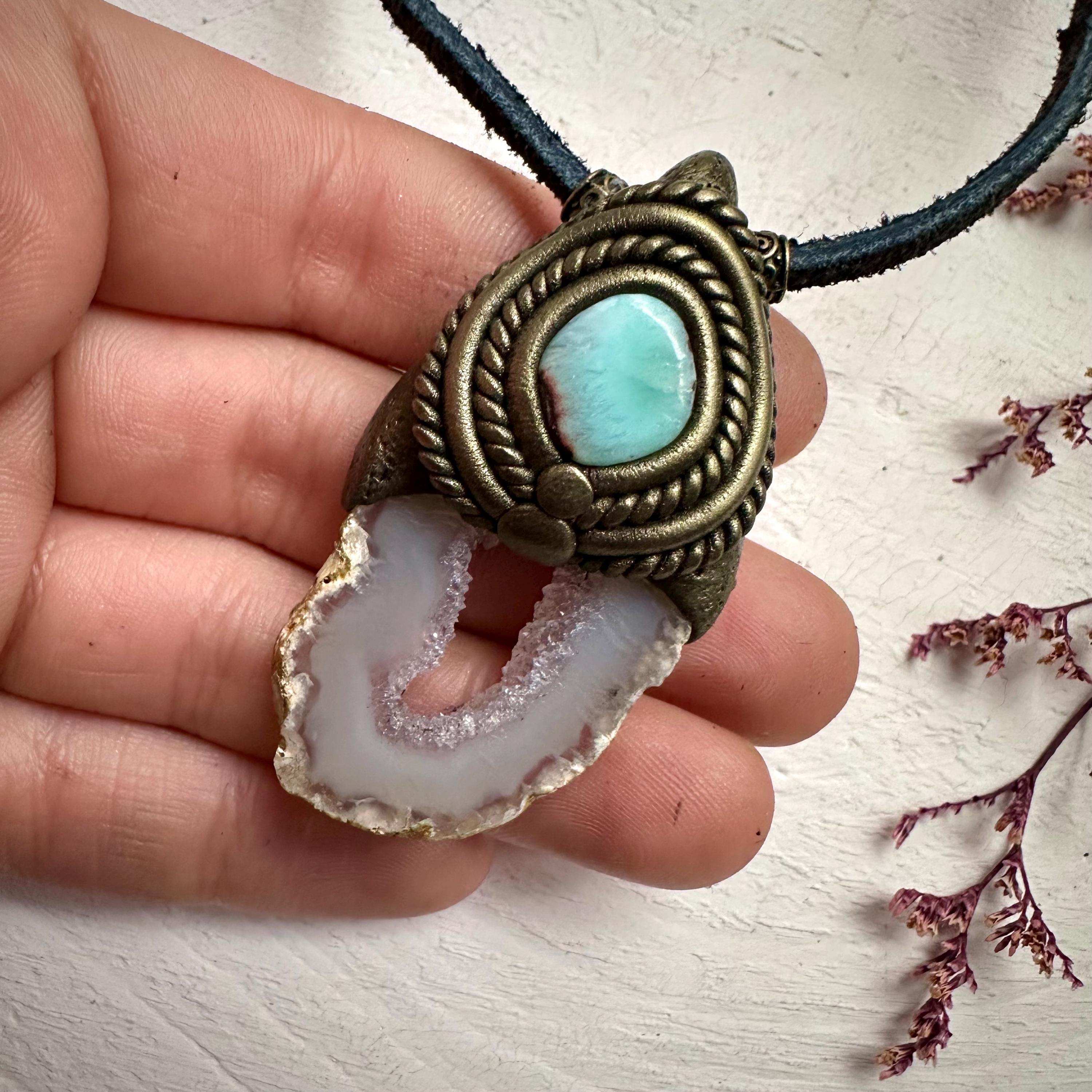 Agate Slice and Larimar Pendant Necklace - FairyGardenGlow