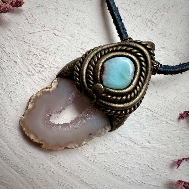 Agate Slice and Larimar Pendant Necklace - FairyGardenGlow