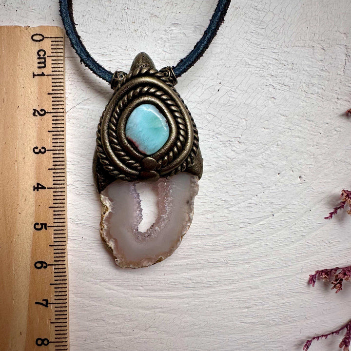 Agate Slice and Larimar Pendant Necklace - FairyGardenGlow