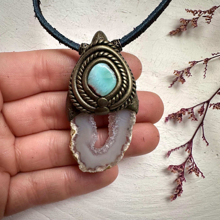 Agate Slice and Larimar Pendant Necklace - FairyGardenGlow