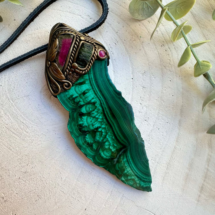 Healing crystal wand jewelry with watermelon tourmaline and garnet