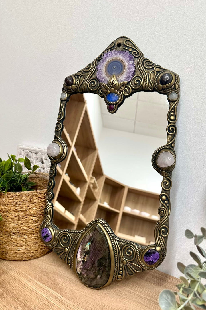 Large handmade crystal mirror with Amethyst Stalactite, Labradorite, Rose Quartz and Rainbow Moonstone wall decor.