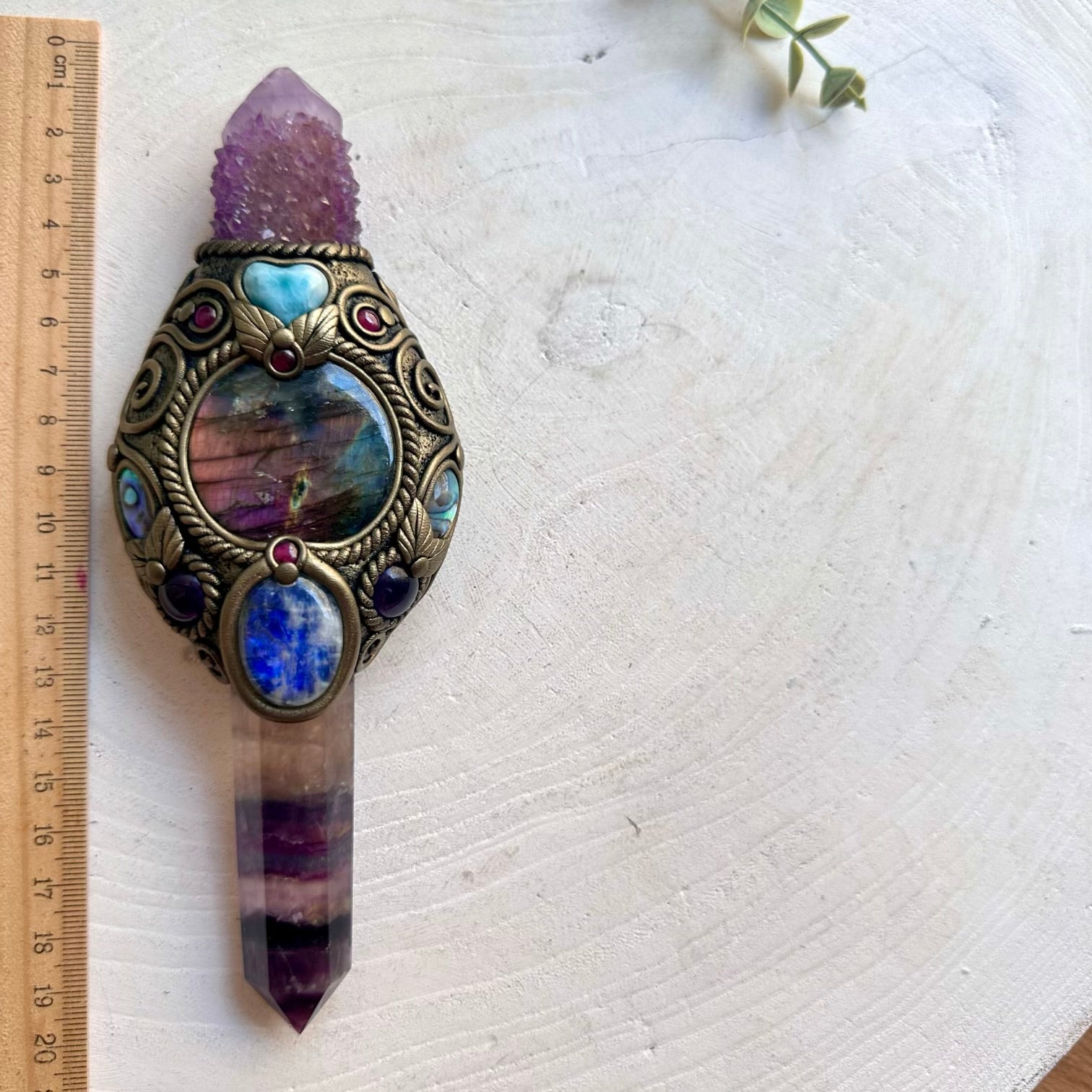 Handmade Rainbow Fluorite crystal wand with Spirit Quartz, Labradorite, Moonstone, Larimar Heart, Amethyst, Abalone Seashell and Rhodolite Garnet.