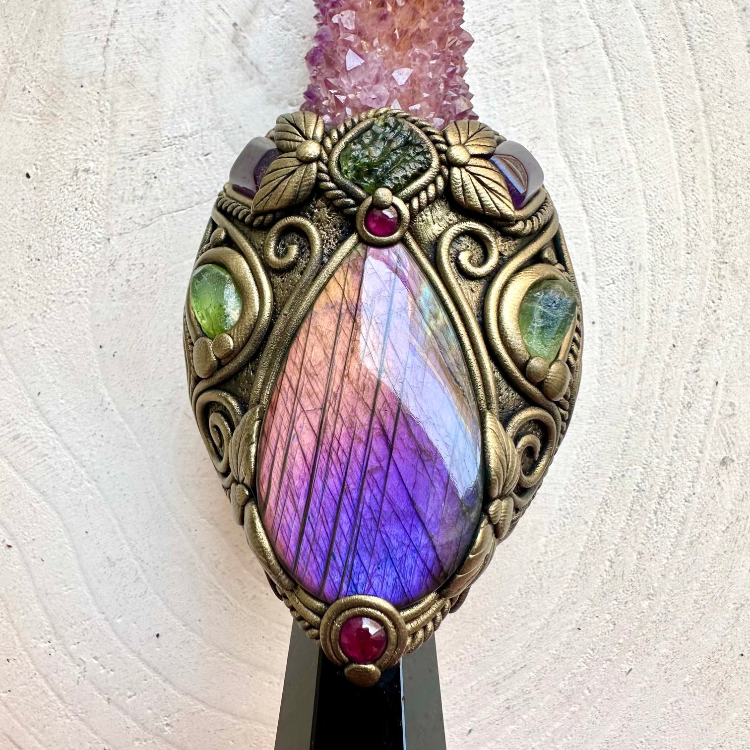 Spiritual energy tool crafted with Black Obsidian, Labradorite and Moldavite for meditation and ritual work.