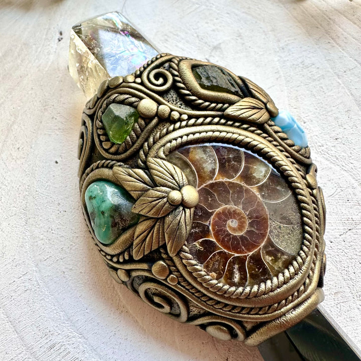 Handmade crystal ritual tool crafted with Moldavite, Peridot, Ammonite and Larimar.