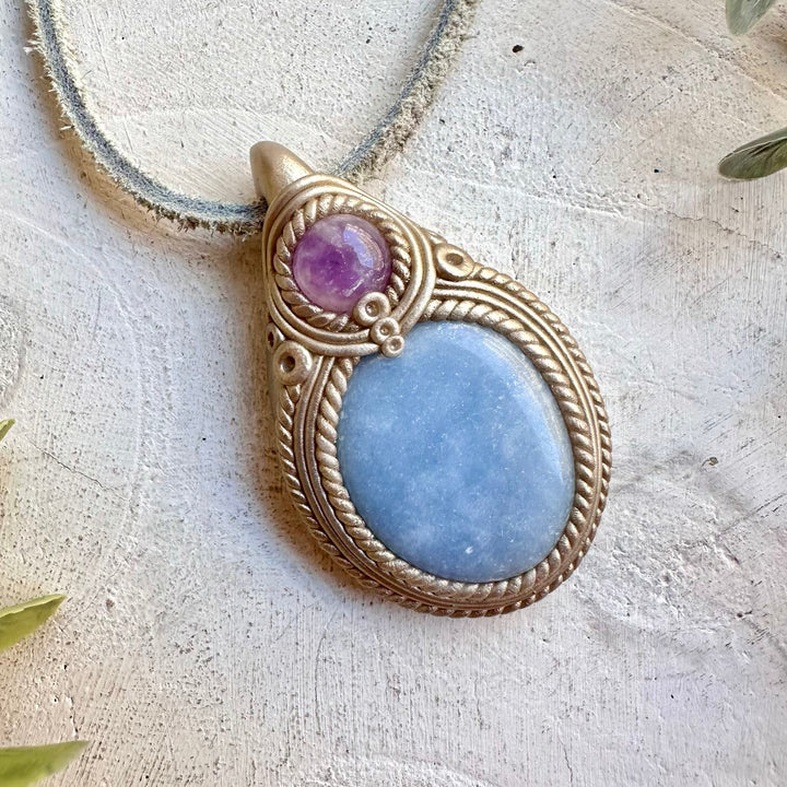 Crystal talisman necklace with angelite and amethyst healing stones