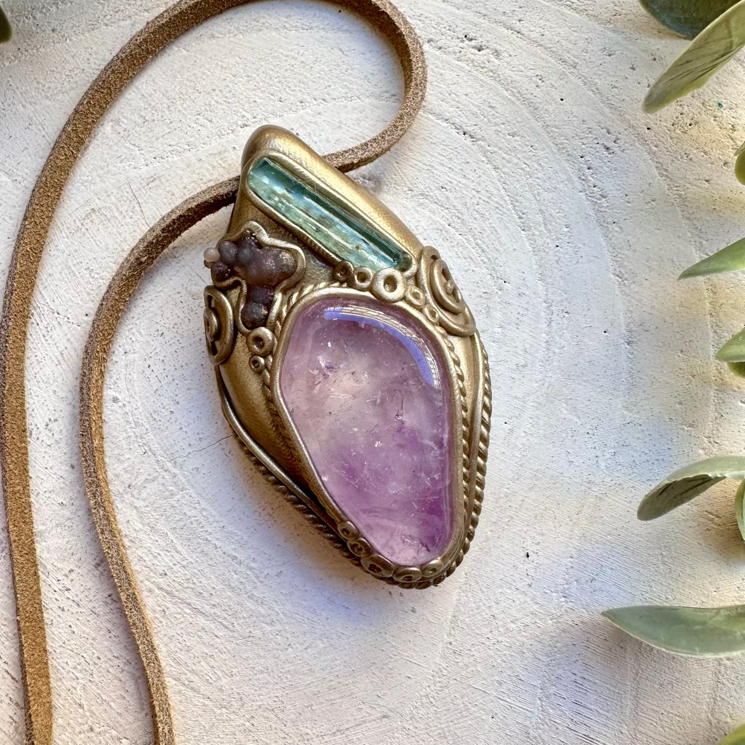 Handmade necklace with amethyst aquamarine and chalcedony