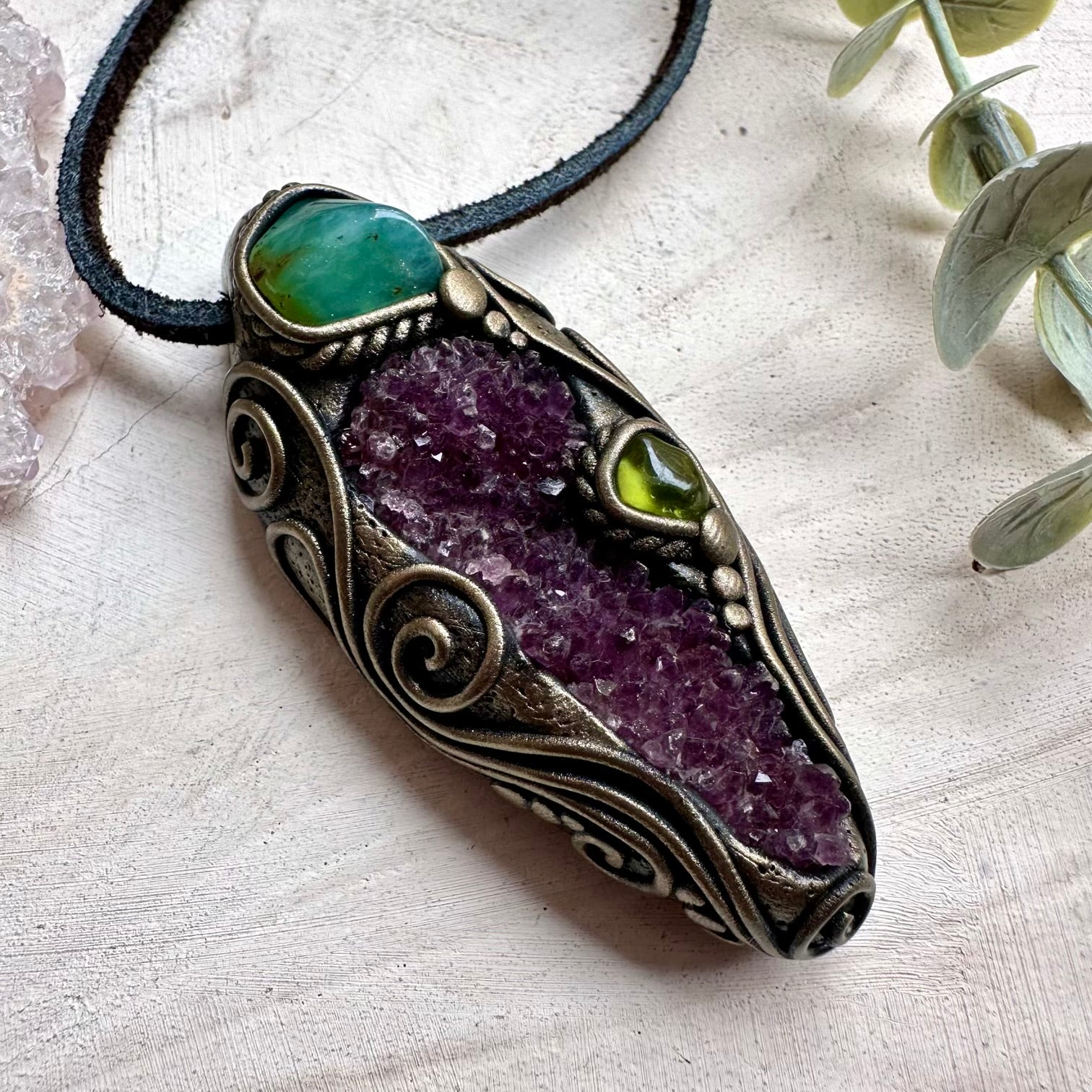 Artisan necklace with chrysoprase and amethyst cluster