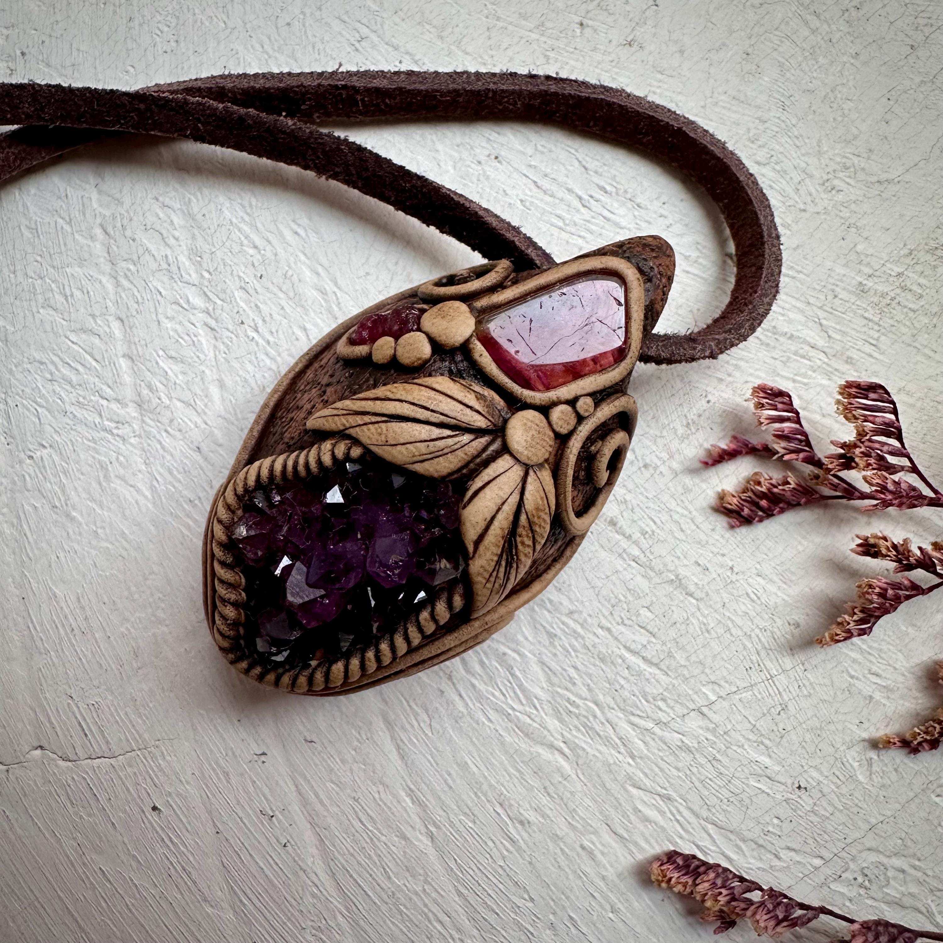 Amethyst Cluster Bi Color Tourmaline and Raw Mozambique Ruby Pendant Necklace - FairyGardenGlow
