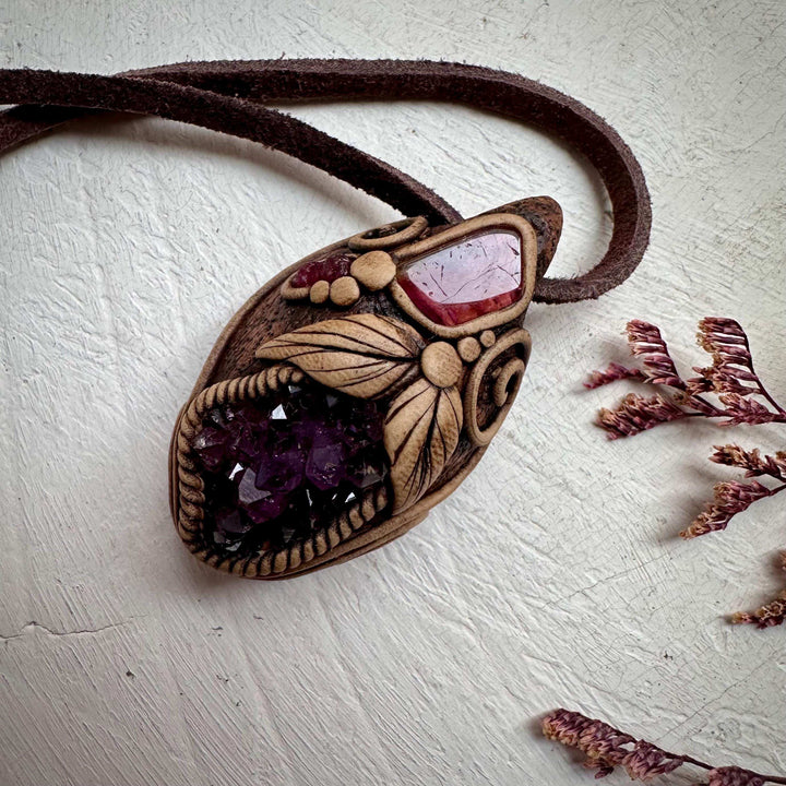 Amethyst Cluster Bi Color Tourmaline and Raw Mozambique Ruby Pendant Necklace - FairyGardenGlow
