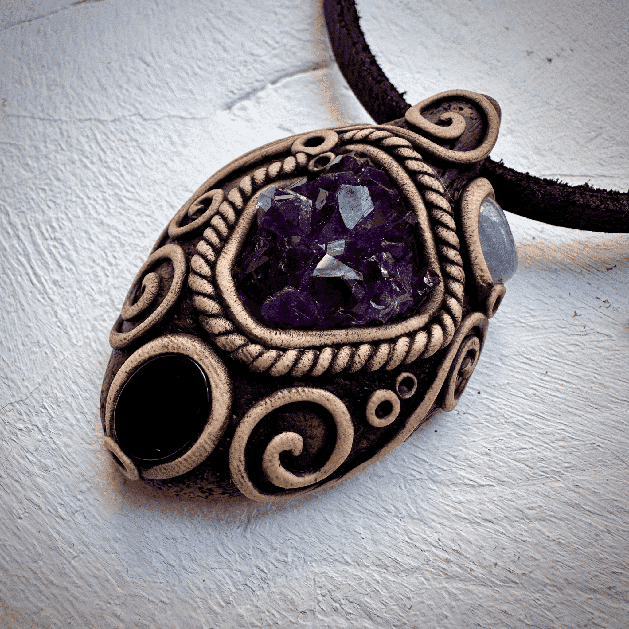 Amethyst Cluster Black Onyx and Aquamarine Pendant Necklace - FairyGardenGlow