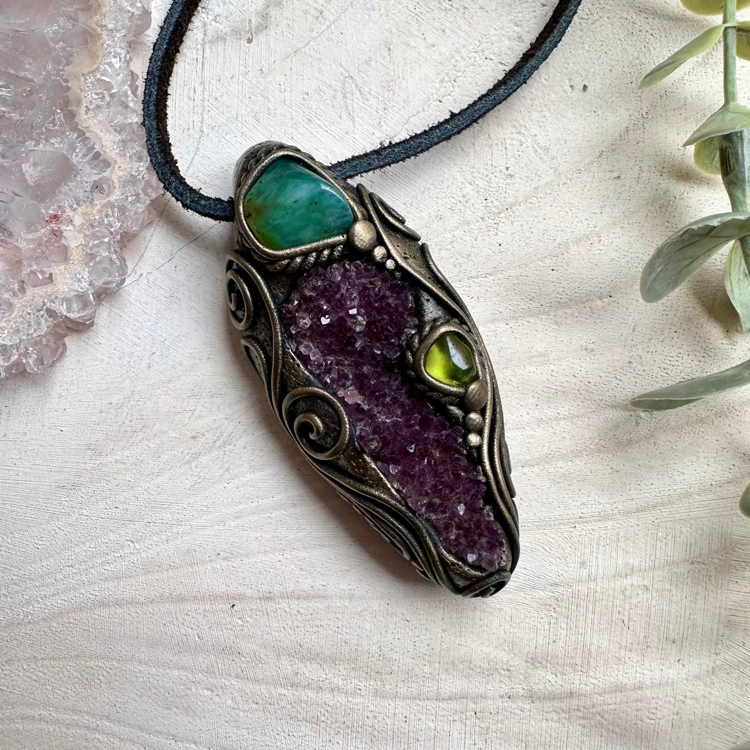 Natural amethyst cluster paired with chrysoprase and peridot
