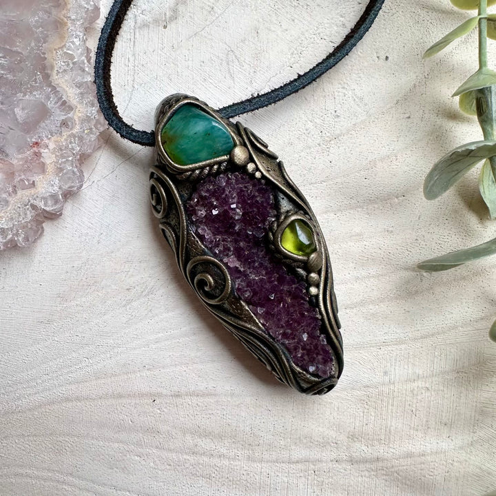 Natural amethyst cluster paired with chrysoprase and peridot