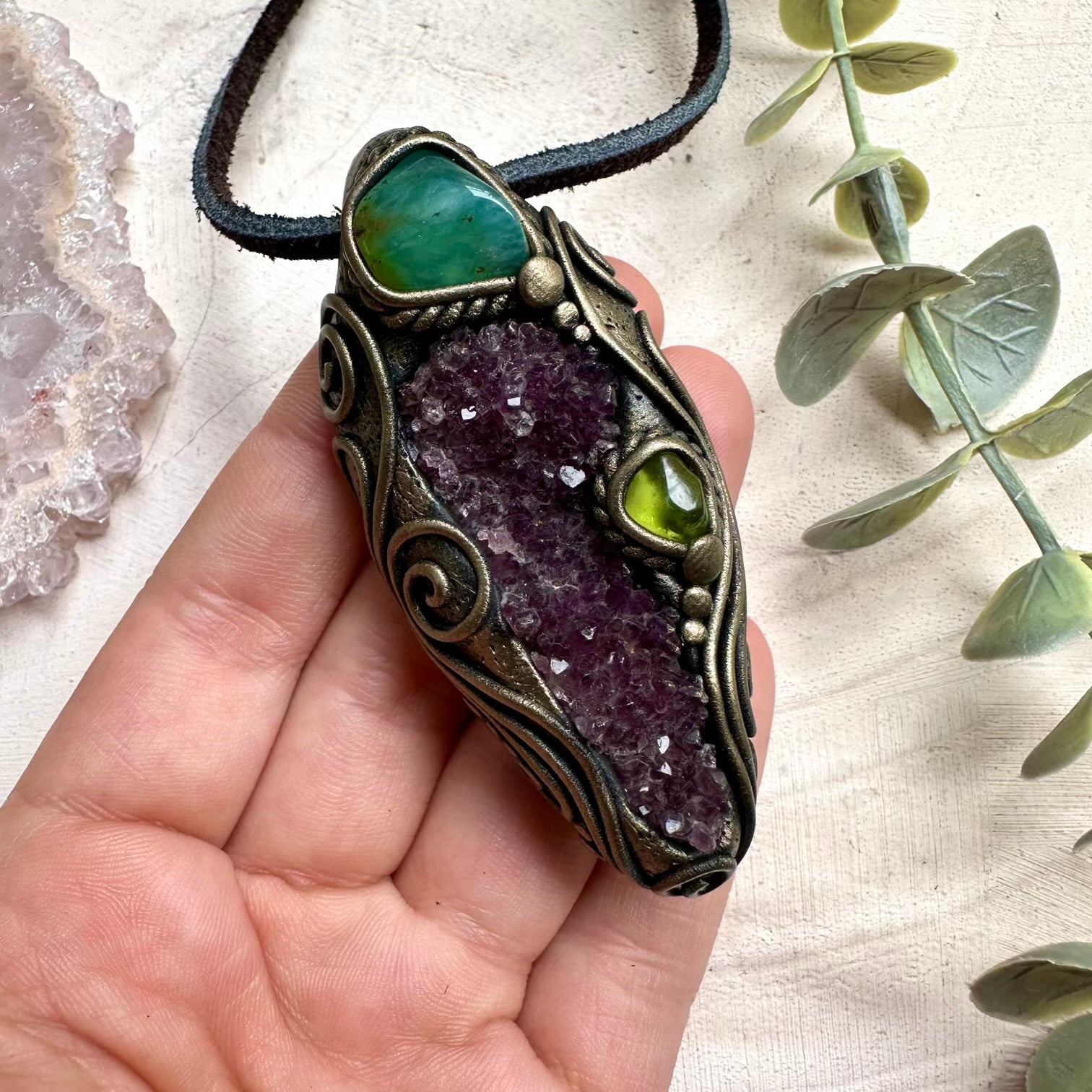 Amethyst cluster chrysoprase and peridot pendant necklace