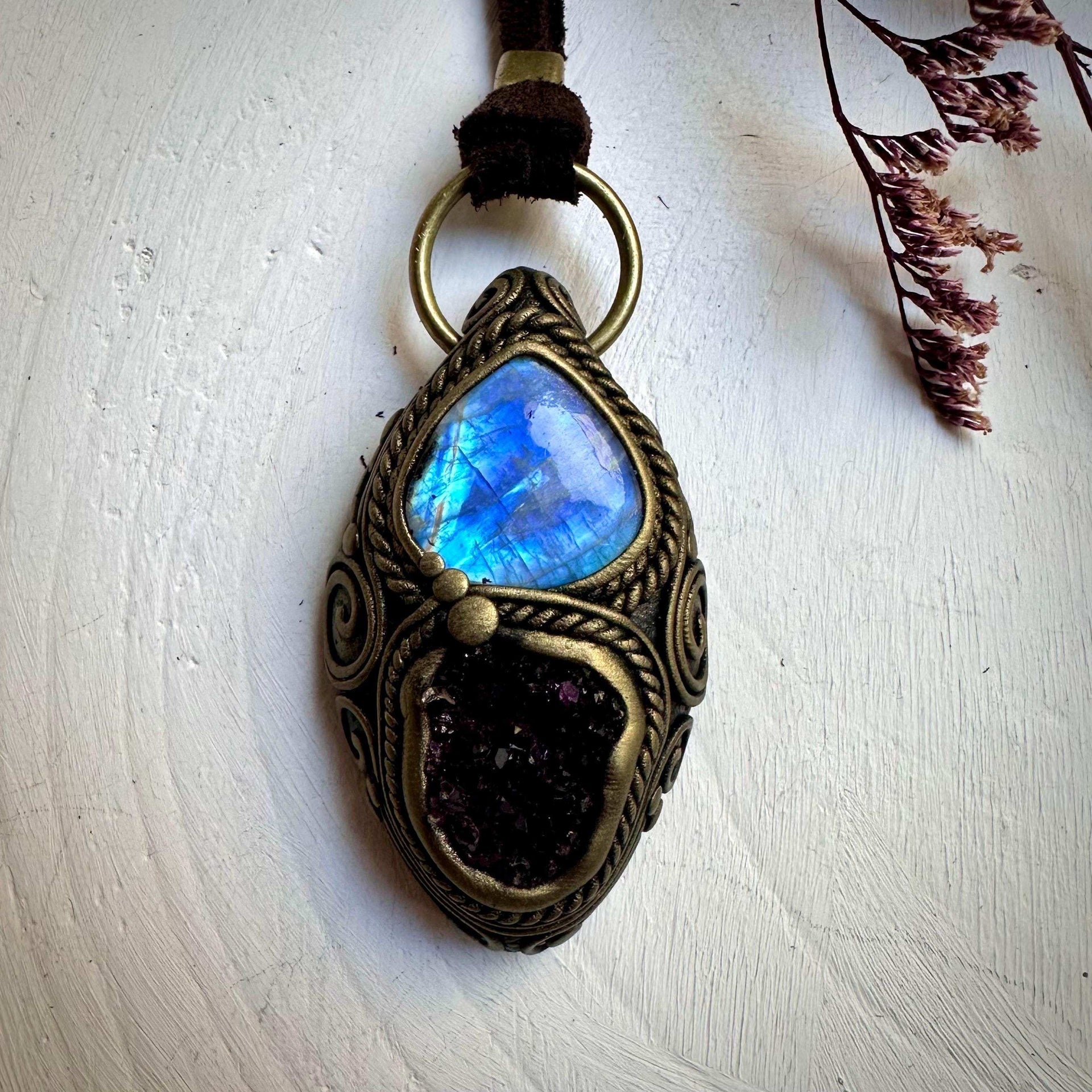 Amethyst Cluster and Rainbow Moonstone Necklace - FairyGardenGlow