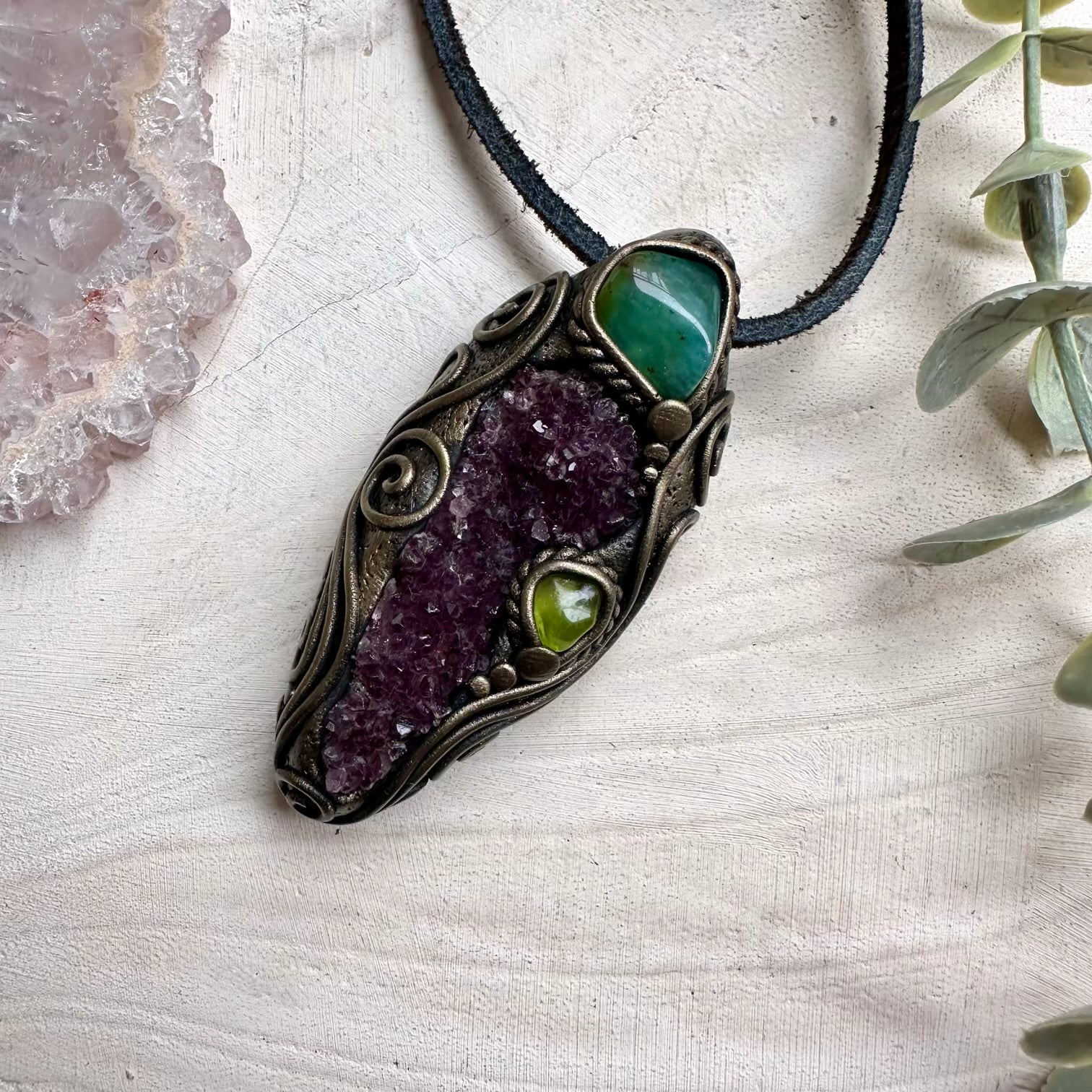 Handmade talisman necklace with chrysoprase amethyst peridot