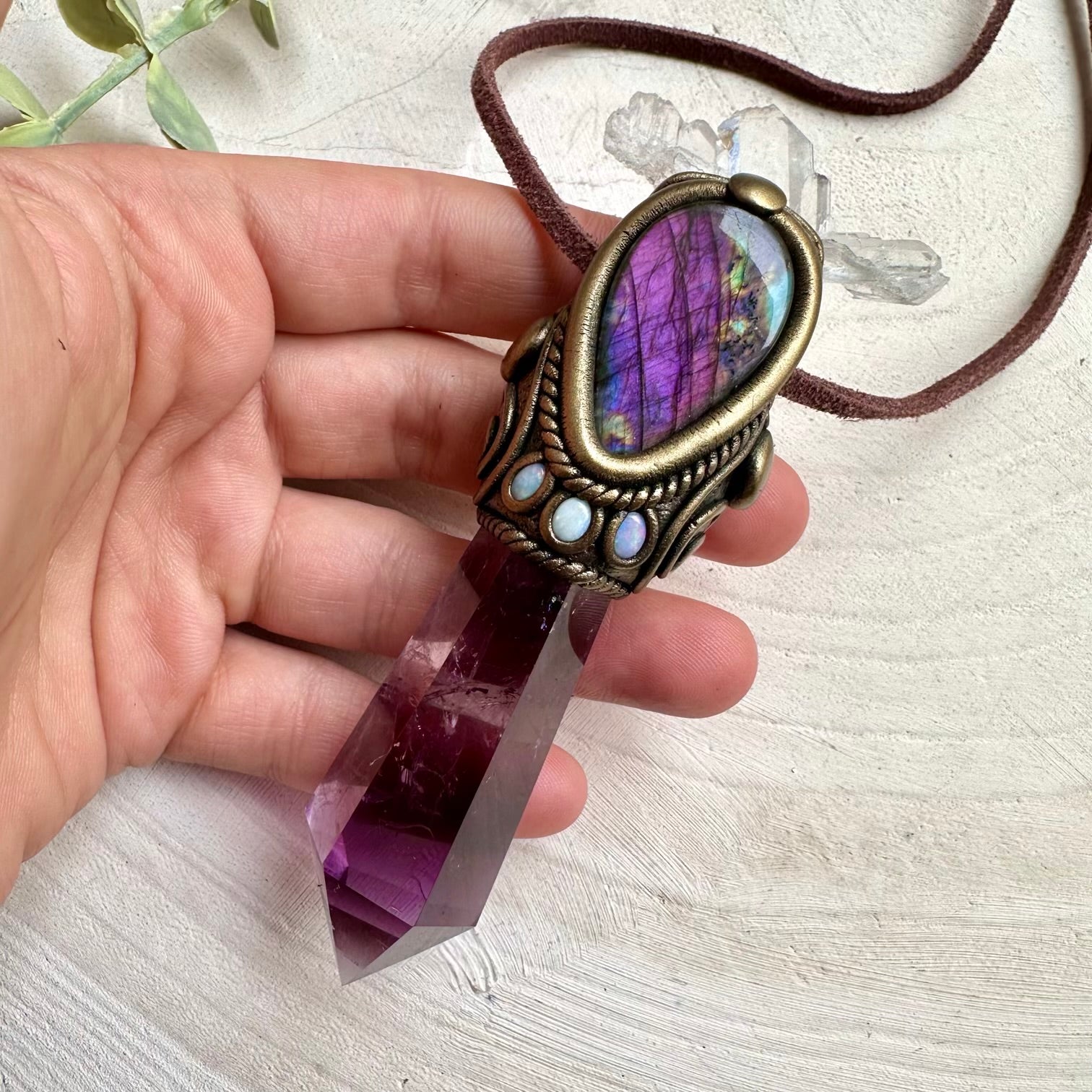 Amethyst with faden quartz purple labradorite and australian opal wand pendant necklace
