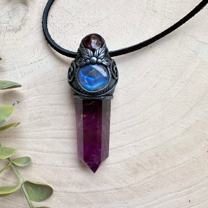 Unique rhodolite garnet crystal pendant necklace