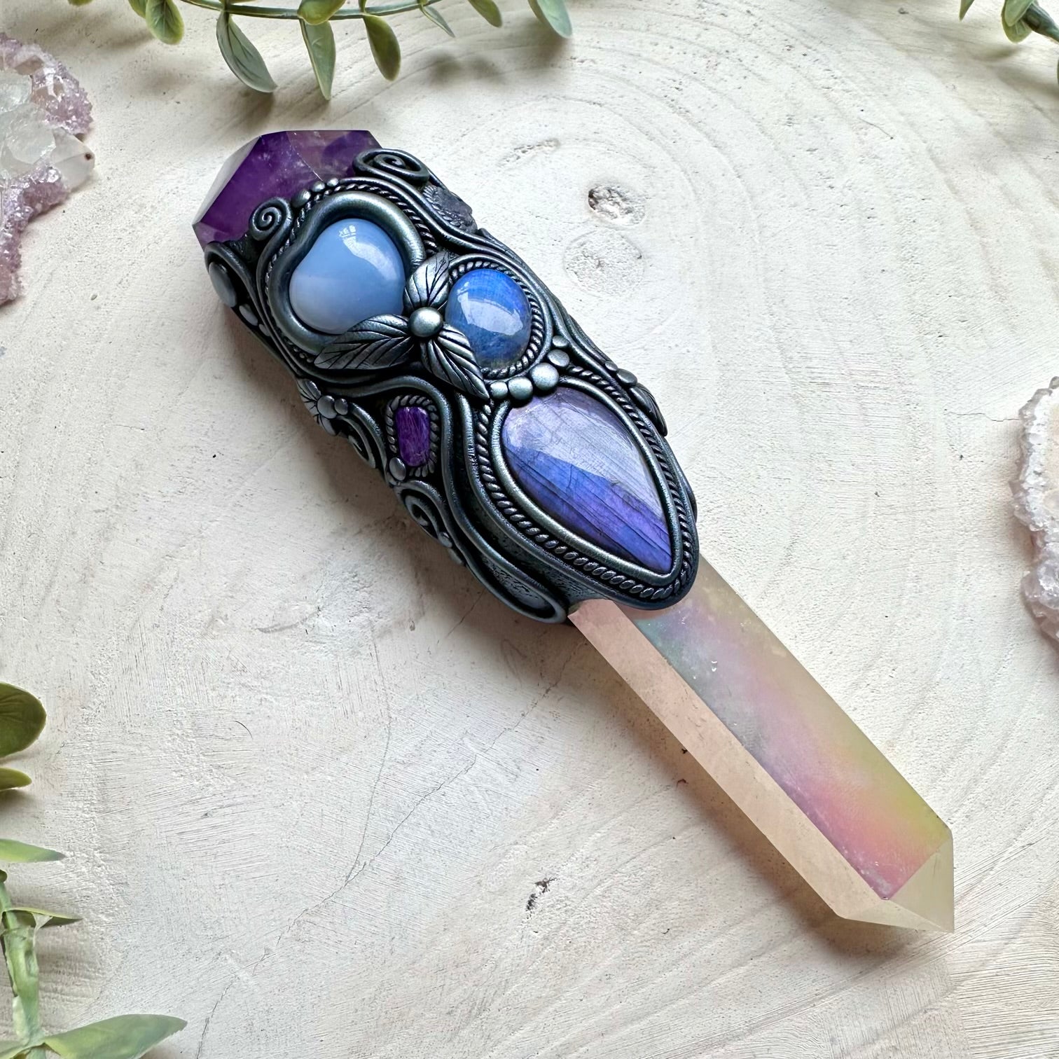 Angel aura quartz wand with labradorite and charoite gemstones