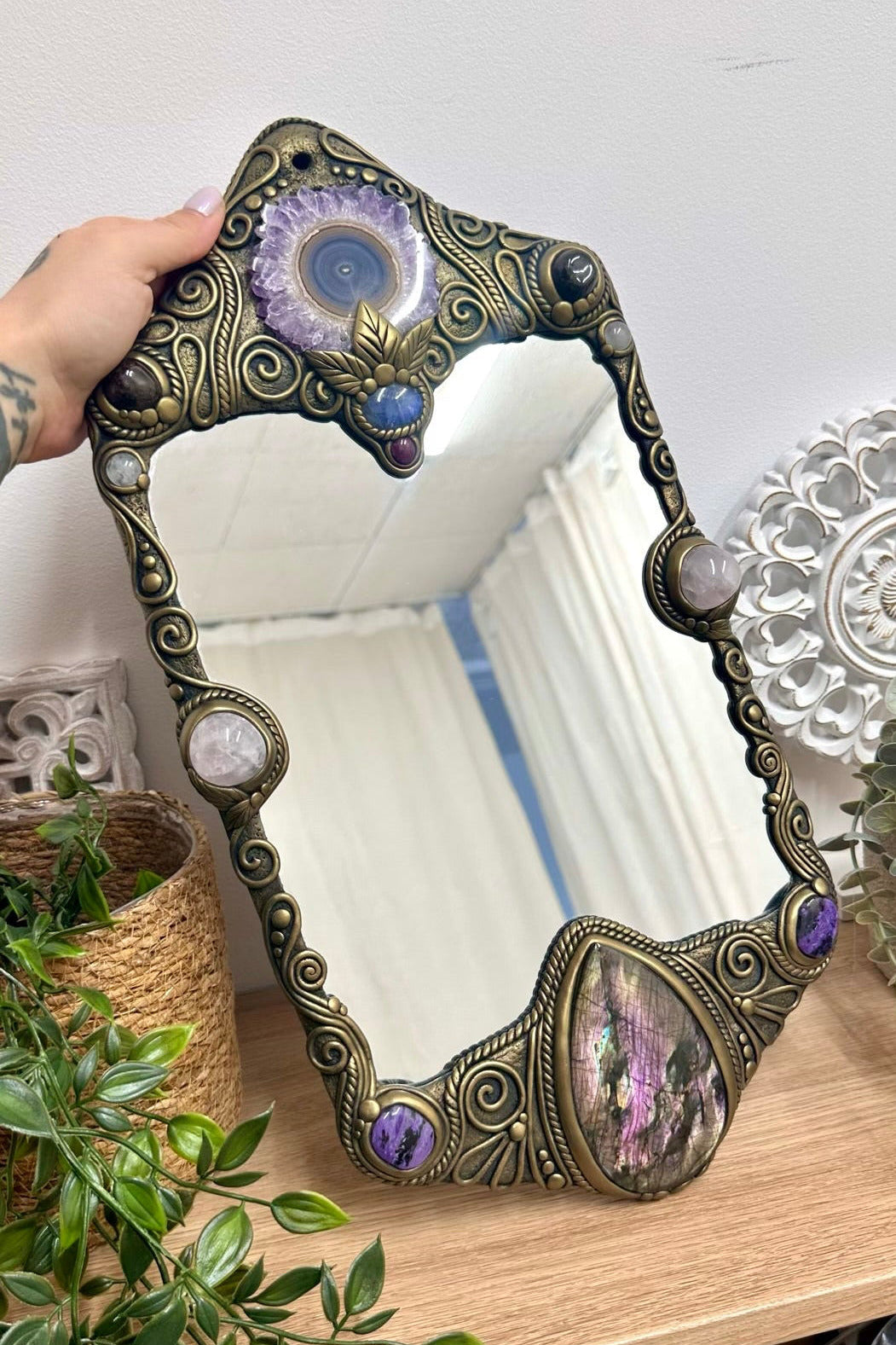 One of a kind handmade crystal mirror with Labradorite, Rainbow Moonstone and Clear Quartz spiritual wall decor.