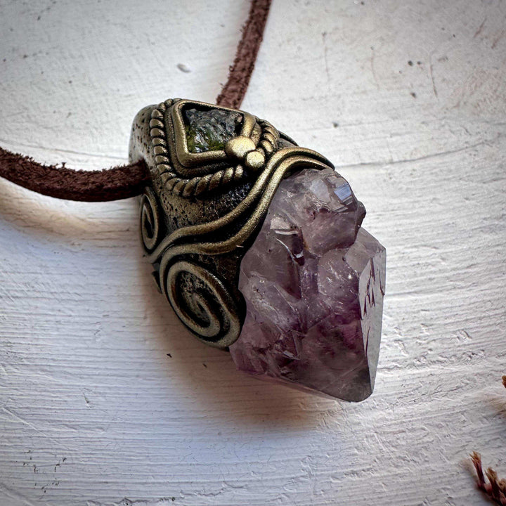Amethyst and Moldavite Necklace - FairyGardenGlow