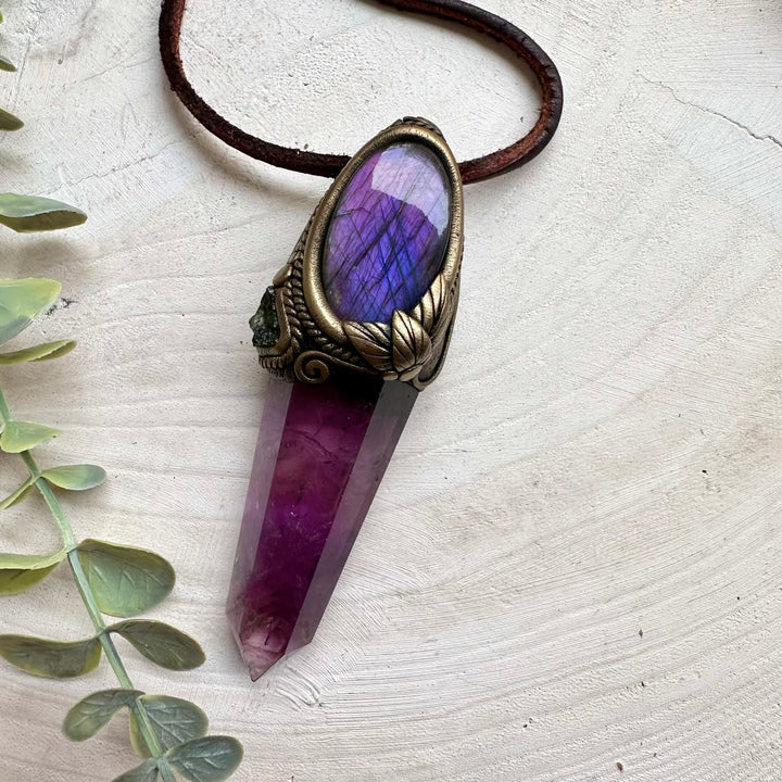 Healing crystal wand pendant with moldavite and amethyst