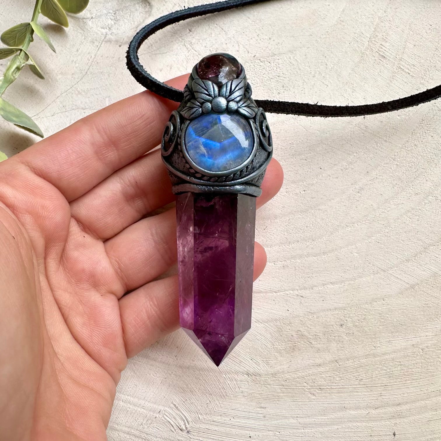 Handmade mini crystal wand necklace with amethyst moonstone and garnet