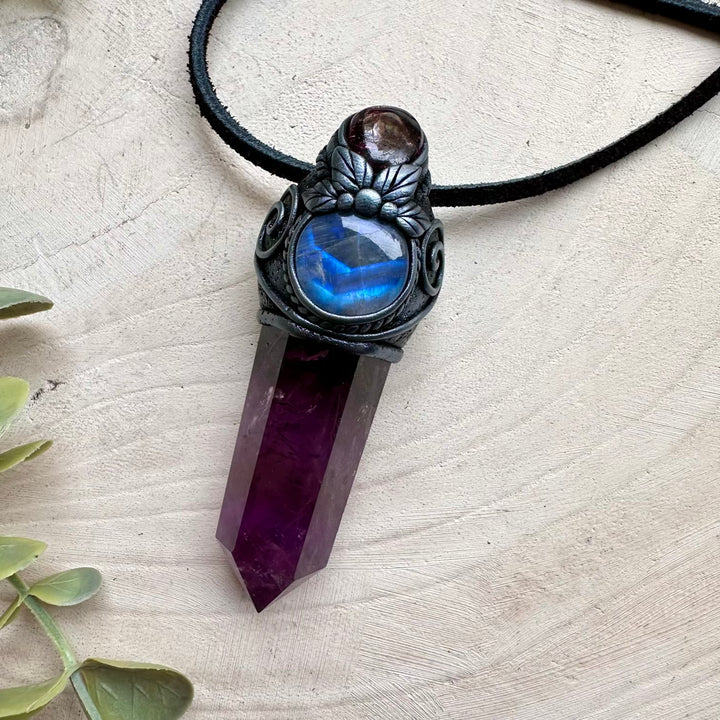 Natural gemstone necklace with amethyst moonstone and garnet