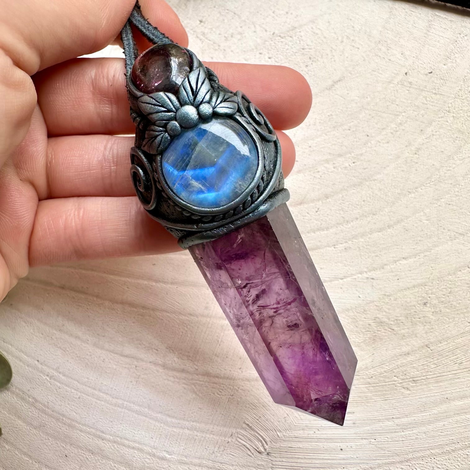 Amethyst with rainbow moonstone and rhodolite garnet pendant necklace mini crystal wand