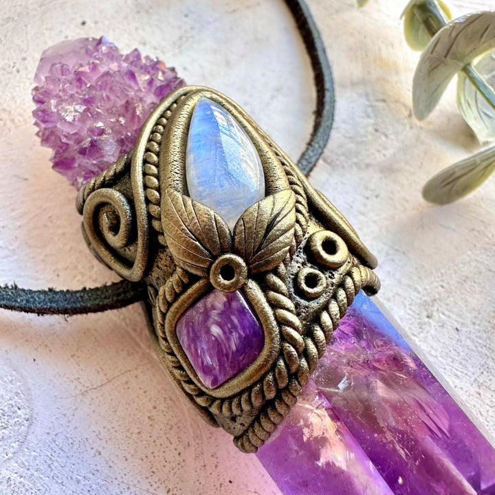 Handmade energy wand crafted with Amethyst, Rainbow Moonstone and natural Charoite.