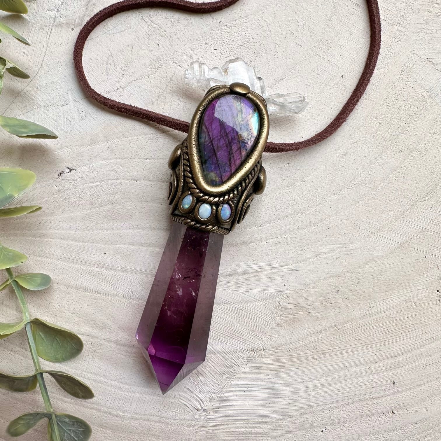 Healing crystal wand pendant with amethyst and quartz