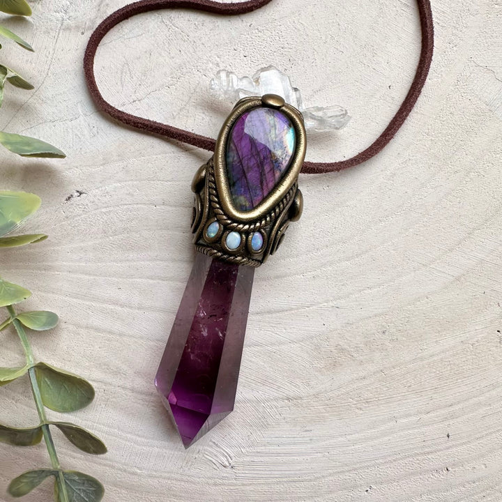 Healing crystal wand pendant with amethyst and quartz