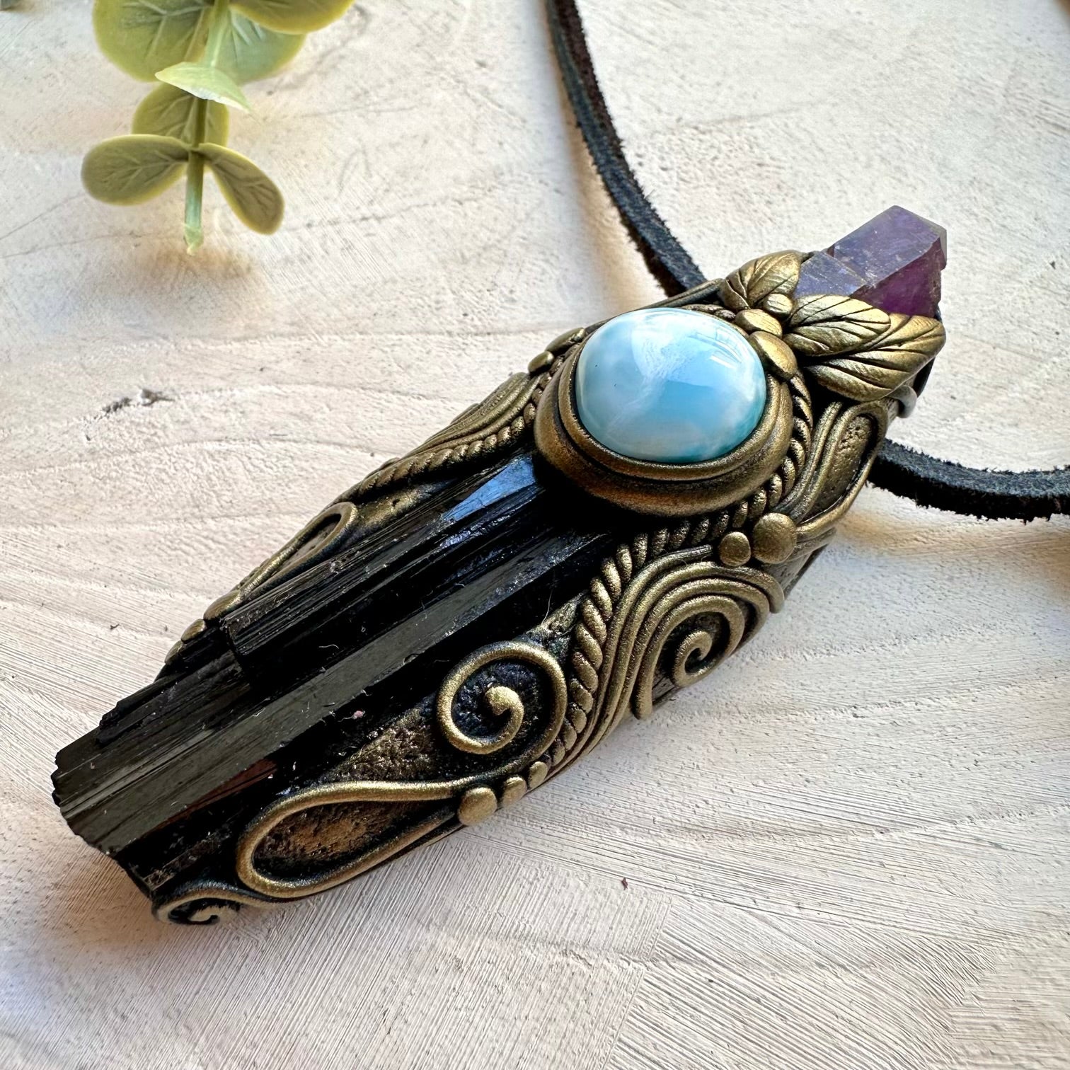 Natural gemstone necklace with black tourmaline and amethyst