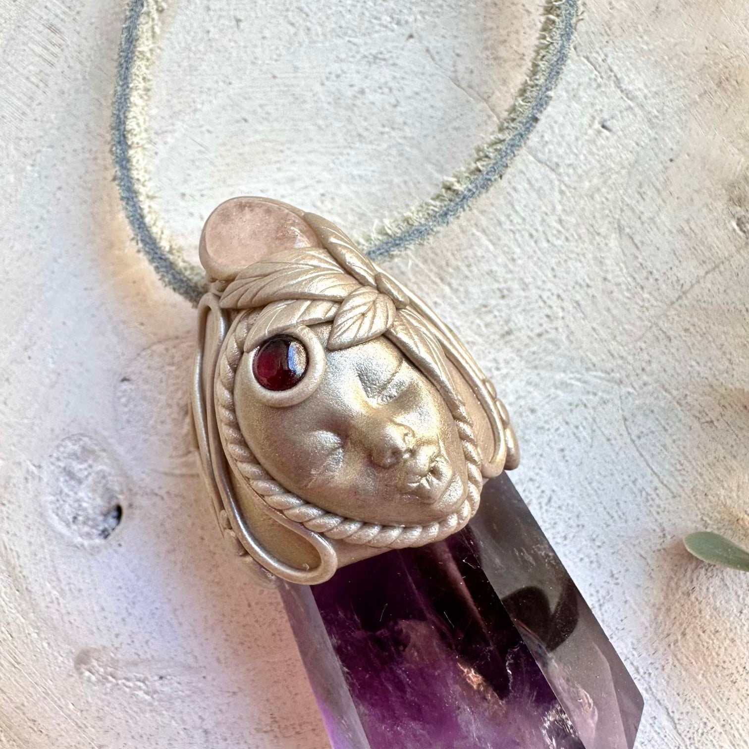 Amethyst Point goddess wand necklace with Morganite and Rhodolite Garnet handmade with natural gemstones